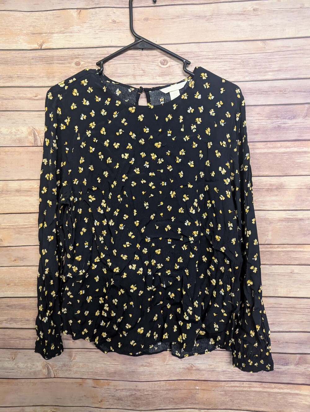 H&M Womens Size 10 Black Yellow Floral Peplum Blouse Long Sleeve Viscose Top